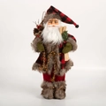 Bambola Babbo Natale in piedi con cappotto a quadri rossi, sci di legno e sacco regali - 45cm