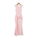 Close-up of pink sleeveless maxi dress featuring elegant waist twist and ruched details - XS / Pink