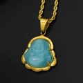 Collier en acier doré avec pendentif Bouddha rieur en pierre d'oeil de chat bleue - Pendentif Seul (Sans Chaîne) / Bleu Clair