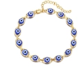 Macro detail of Evil Eye bracelet with golden metal chain and blue eye-shaped beads - Blue Eyes Gold