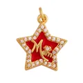 Star-shaped gold charm with red enamel and Mom engraving featuring zircon pave border - Star Mom-Gold-Red Enamel