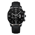 Close-up of black quartz watch face with faux three-eye design and leather strap - Black Strap Black Case Black Dial Silver Hands