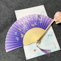 Chinese folding fan with purple gradient silk, butterfly prints and bamboo ribs - Cherry Blossom Drunk Butterfly - Purple