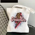 White canvas teacher tote bag with leopard print lightning bolt and pink vintage text - Style C7
