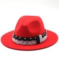 Detail of red fedora hat featuring an elegant band with pearls and sparkling rhinestones - M (56-58cm) / Orange Red
