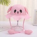 Detailed view of kids pink straw hat with movable ears and cartoon embroidery on a stand - Light Pink