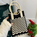 Knitted small tote bag with black and white wavy pattern and sturdy double handles - Wave Pattern Black