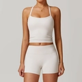 Ensemble de yoga beige avec brassière dos nu et short de sport à taille haute - S / Haut Et Bas / Gris Perle
