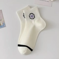 Mid-calf cream cotton socks with purple heart embroidery and black stripe detail - White Heart Letter