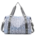Blue travel duffel bag with music pattern lettering and adjustable gray shoulder strap - Gray