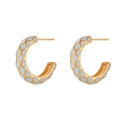 C-shaped golden hoop earrings with light blue checkered enamel pattern for women - Quilted Enamel Hoop Earrings - Baby Blue