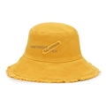Bright yellow canvas bucket hat with frayed edges and embroidered patch for women - Adjustable / Yellow