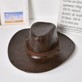 Brown faux leather western cowboy hat with leaf embossed texture and braided rope band - Adult / Dark Coffee