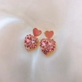 Pink heart-shaped stud earrings with enamel finish and sparkling crystal pavé stones - Rhinestone Heart Earrings (21#) / Pink Gold