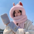 Three-in-one pink and grey plush scarf hat and gloves set with cute rabbit ears - Fire Fox 3-piece Set - Pink