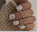 Short square press-on nails with shiny silver glitter finish and knit sweater background - Silver Glitter (CW151)