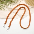 Brown braided leather crossbody phone strap with silver spring buckles on white background - 14mm Width / Brown (K2527)