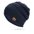 Dark blue knitted beanie with F&S leather patch and warm fleece lining for winter outdoor use - Navy Blue