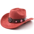 Detail of red faux suede western hat featuring floral embroidery on a brown leather band - M (56-58cm) / Brick Red