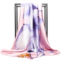 Pink satin square scarf with purple floral print draped on a black metal display stand - Pink Purple Floral (#9)