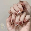 Amber brown gradient press-on nails with 3D white butterfly and floral art patterns - Retro Amber Butterfly Dirty Style (N3013)