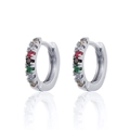 Detailed view of silver hoop earrings inlaid with colorful zircons and mirror reflection - Silver Multicolor Zirconia