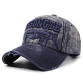 Navy blue washed denim baseball cap with SONGTE embroidery and distressed brim details - Adjustable / Navy Blue