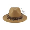 Khaki wool fedora hat with ethnic patterned ribbon and vintage silver coin charms - 58cm / Khaki