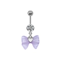 Detailed view of navel ring with light purple bow pendant and heart-shaped metal center - Purple Bow Heart / Silver/Purple