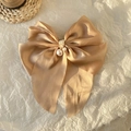 Elegant champagne satin bow hair claw with pearl pendants and a silky glossy finish - Khaki Pearl Satin Bow Hair Ornament / Khaki
