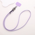 Detailed view of durable purple PU leather phone lanyard with black metal hardware - Crossbody / Purple