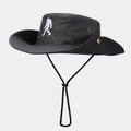 Detail of outdoor sun hat featuring white sasquatch embroidery and adjustable wind cord - One Size / Dark Gray
