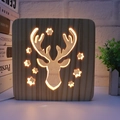Square wooden LED night light with carved deer head and stars design emitting warm glow - Elk Head/15cm