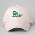 Beige cotton baseball cap featuring green Day Drinkin' embroidery in a classic curved brim style - One Size / Beige