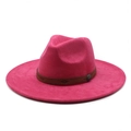 Close-up of fuchsia suede fedora featuring brown leather band with ethnic embossing - M (56-59cm) / Rose Red