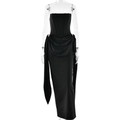 Elegante vestido de noche negro palabra de honor con corte entallado y cinta fluida - S / Negro