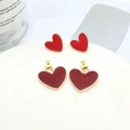 S925 silver needle red heart stud earrings and pendants with gold-plated edges - Wine Red Two-tone