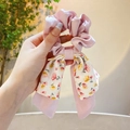 Chouchou en satin rose avec ruban nœud imprimé de motifs floraux roses et jaunes - A1-6# Rose - Nœud Floral