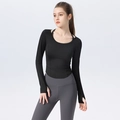 Damen Yoga-Set mit langärmligem Oberteil und Leggings mit hoher Taille und Daumenlöchern - S / Schwarz