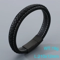Men's black braided leather bracelet with white stitching and matte magnetic clasp - Black Leather Black Clasp (KB205355-JR)