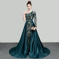 Dark green one-shoulder evening gown with sequins, long sleeve and detachable satin train - US 2(S) / Green