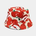 Beige bucket hat featuring all-over red apple patterns and green leaf prints - M / Red Apple