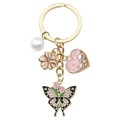 Pink butterfly keychain with gold hardware, pearl charms, and floral tulip pattern accents - Pink Heart Flower (ER724)