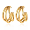 Polished 18K gold-plated triple-layered C-shape hoop earrings in minimalist geometry - Gold