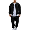 Men's black baseball jacket set with ribbed stand collar and drawstring cargo pants - S / Top And Bottom / Black
