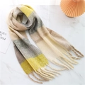 Rainbow plaid scarf in yellow, grey, and cream with soft fringed edges for winter - Yellow Grey Beige White Plaid (WJ137-9)