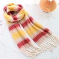 Rainbow checkered scarf with yellow, red and cream stripes and decorative tassels - Yellow Red Beige Striped (WJ137-6)