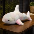 Rainbow gradient shark plush toy with soft colorful fur on a wooden background - 30cm / Dreamy Rainbow