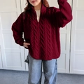Women's casual red cable knit sweater with half-zip collar and long sleeves - S / Burgundy