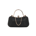 Elegant black glitter evening clutch with round gold metal handle and rhinestone lock - Black